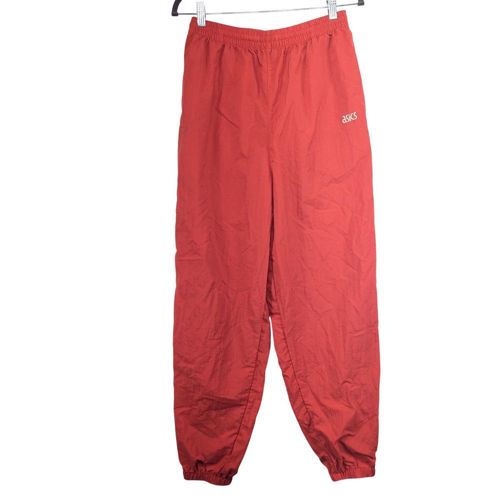 Asics Vintage Red Nylon Track Pants Windbreaker Joggers Mens Large Zipped Cuffs